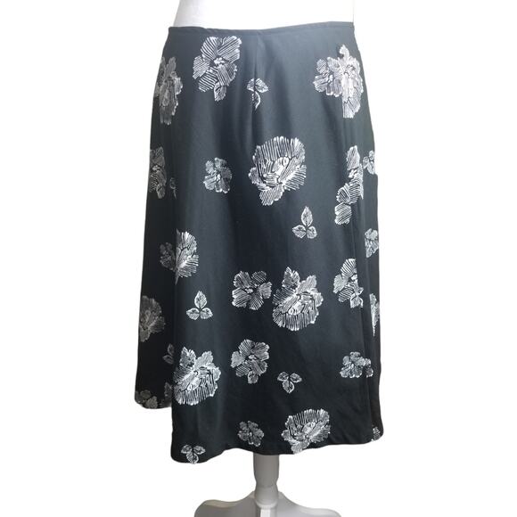 VINTAGE 1990s Worthington Black Floral Midi Skirt Size 8 Cotton Modest Church - Picture 1 of 6